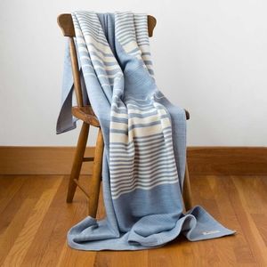 Swans Island Upcycled Penobscot Patchwork Throw - Wedgewood & White Stripe NEW